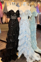 Load image into Gallery viewer, Navy Off The Shoulder Tiered Prom Dress