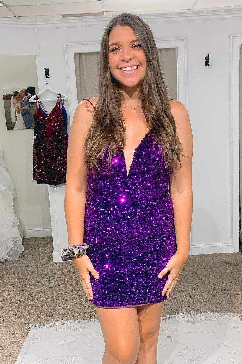 Load image into Gallery viewer, Royal Blue V-Neck Sequined Homecoming Dress with Criss Cross Back