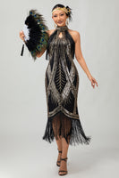 Load image into Gallery viewer, Queendancer Women Sparkly Champagne Fringed Flapper Dress with Sequins Sheath Halter High Neck 1920s Dress
