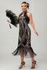 Load image into Gallery viewer, Sparkly Black Golden Halter Sequins Flapper Dress with Fringes