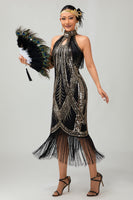 Load image into Gallery viewer, Queendancer Women Sparkly Black Golden Sheath Flapper Dress with Sequins Fringed Halter High Neck 1920s Dress