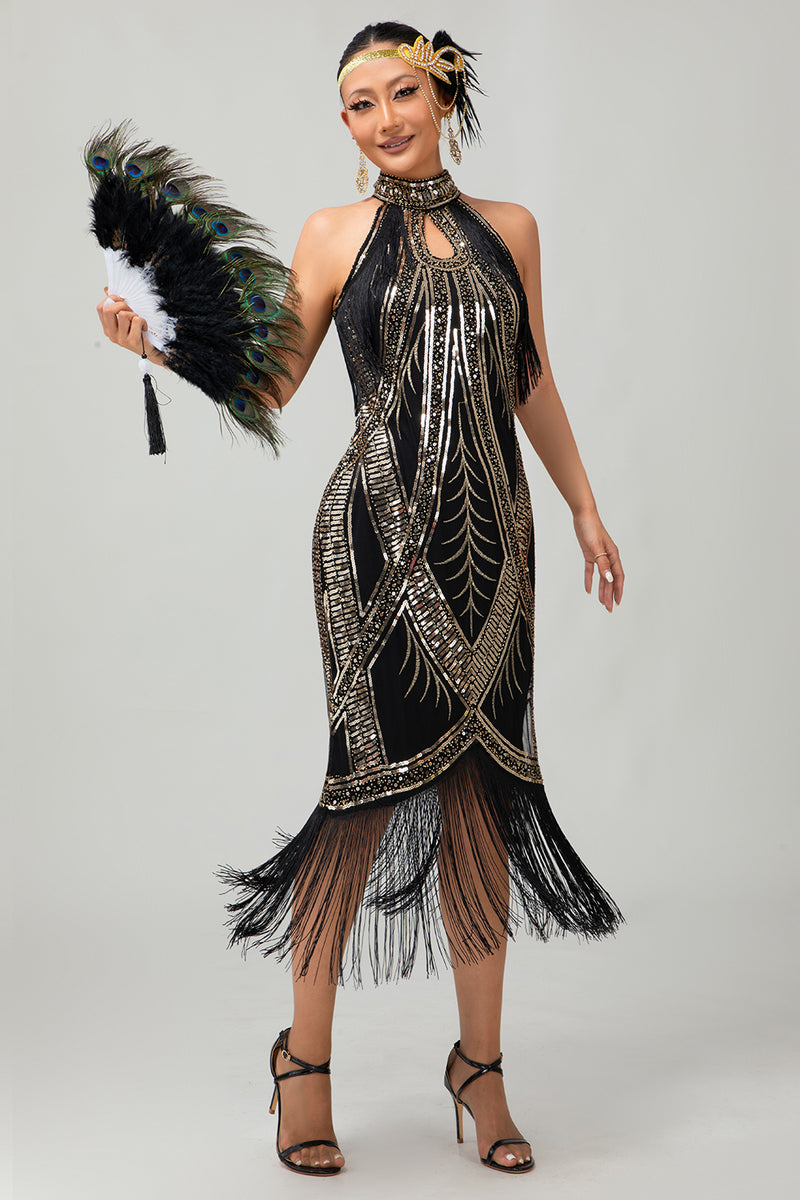 Load image into Gallery viewer, Sparkly Black Golden Halter Sequins Flapper Dress with Fringes