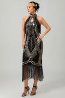 Load image into Gallery viewer, Sparkly Black Golden Sequins Halter Flapper Dress with Fringes