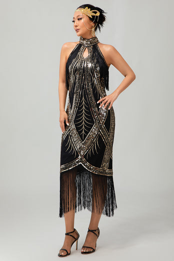 Sparkly Black Golden Halter Sequins Flapper Dress with Fringes