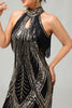 Load image into Gallery viewer, Sparkly Black Golden Halter Sequins Flapper Dress with Fringes