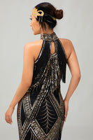 Load image into Gallery viewer, Sparkly Black Golden Sequins Halter Flapper Dress with Fringes