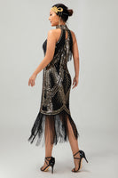 Load image into Gallery viewer, Sparkly Black Golden Sequins Halter Flapper Dress with Fringes