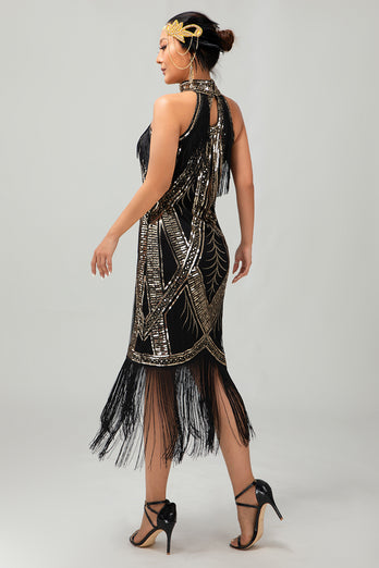 Sparkly Black Golden Halter Sequins Flapper Dress with Fringes