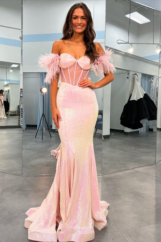 Sparkly Blush Mermaid Long Corset Prom Dress With Feather