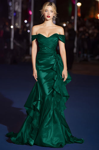 Dark Green Mermaid Off the Shoulder Long Formal Dress with Ruffles