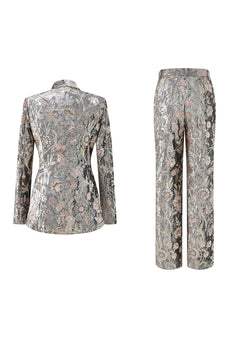 Sparkly Floral Grey Peak Lapel 2 Piece Women Prom Suits with Sequins