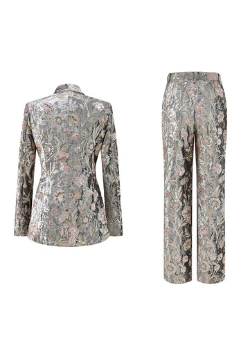 Sparkly Floral Grey Peak Lapel 2 Piece Women Prom Suits with Sequins