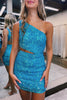 Load image into Gallery viewer, Sparkly Turquoise One Shoulder Bodycon Homecoming Dress with Sequins