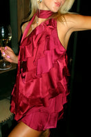 Load image into Gallery viewer, Burgundy Satin One Shoulder Neck Scarf Mini Dress with Ruffles