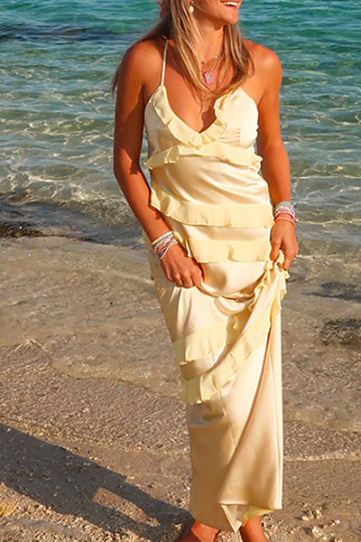 Yellow Sheath Spaghetti Straps Long Wedding Guest Dress with Ruffles