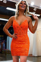 Load image into Gallery viewer, Sparkly Sheath Spaghetti Straps Orange Sequins Corset Homecoming Dress