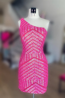 Hot Pink One Shoulder Sequins Tight Short Homecoming Dress