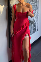 Load image into Gallery viewer, Red Chiffon Sheath Ruffled Long Prom Dress with Slit