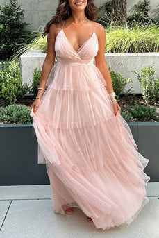 Blush Tulle A Line Tiered Halter Long Prom Dress with Ruffles