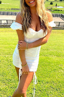 Load image into Gallery viewer, White Bodycon Off the Shoulder Ruched Mini Dress