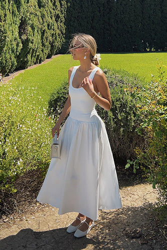 White A Line Scoop Neck Maxi Engagement Dress