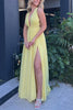 Load image into Gallery viewer, Yellow A Line Chiffon Pleated Deep V-Neck Long Prom Dress with Slit