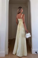 Load image into Gallery viewer, Yellow Satin Sheath Spaghetti Straps Maxi Corset Wedding Guest Dress