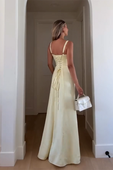 Yellow Satin Sheath Spaghetti Straps Maxi Corset Wedding Guest Dress