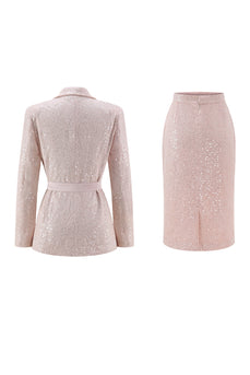 Sparkly Pink 2 Piece Sequin Pencil Midi Prom Suits with Sash