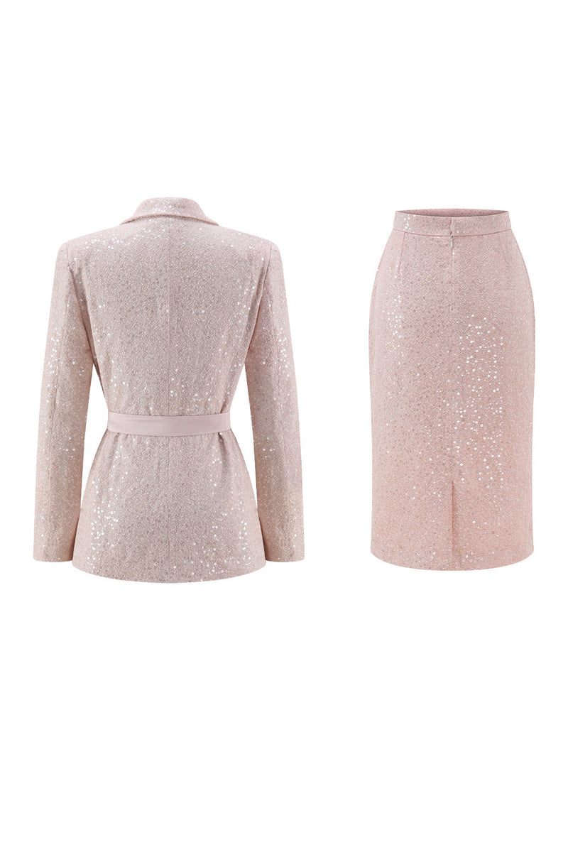 Load image into Gallery viewer, Sparkly Pink 2 Piece Sequin Pencil Midi Prom Suits with Sash