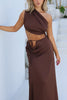 Load image into Gallery viewer, Brown Satin Sheath One Shoulder Ruched Long Wedding Guest Dress