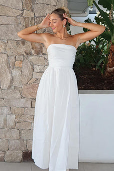 Simple White Strapless A-Line Maxi Engagement Dress