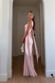 Pink Satin Mermaid Square Neck Backless Maxi Formal Dress