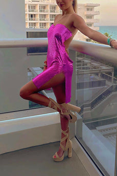 Sparkly Fuchsia Strapless Tight Mini Dress with Slit
