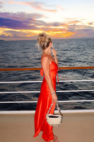 Load image into Gallery viewer, Red Satin Sheath Spaghetti Straps Long Wedding Guest Dress