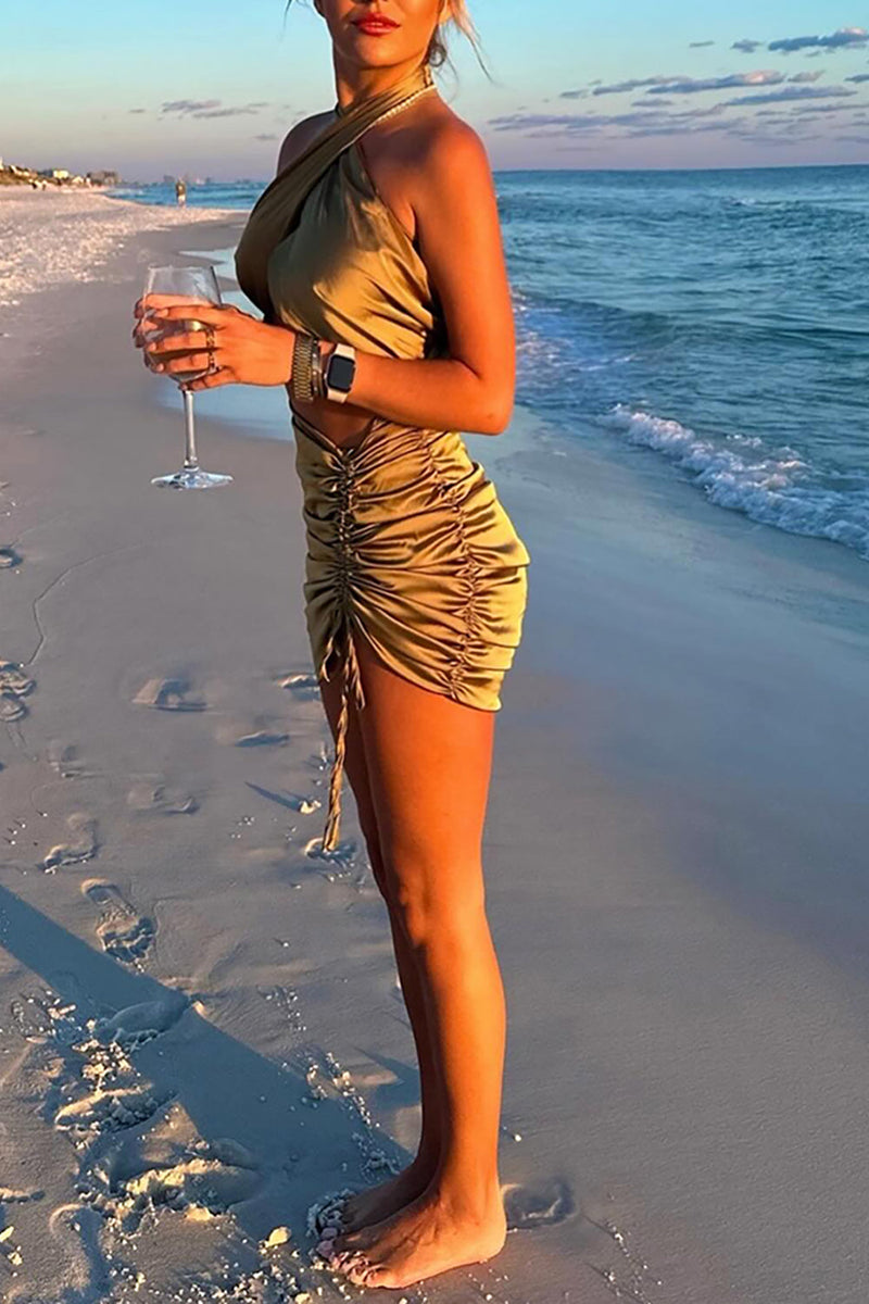 Load image into Gallery viewer, Gold Satin Halter Cut Out Ruched Mini Dress