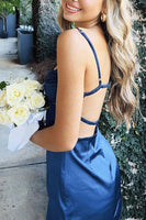 Load image into Gallery viewer, Navy Bodycon Satin Spaghetti Straps Mini Dress with Lace