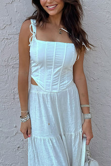 White Cut Out A Line Long Corset Formal Dress with Slit