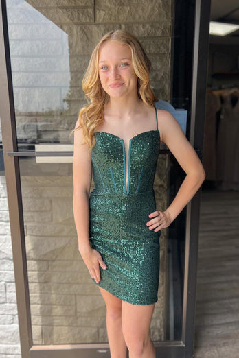 Sparkly Dark Green Spaghetti Straps Corset Homecoming Dress with Sequins