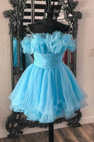 Load image into Gallery viewer, Blue A-Line Strapless Tulle Homecoming Dress with Ruffles