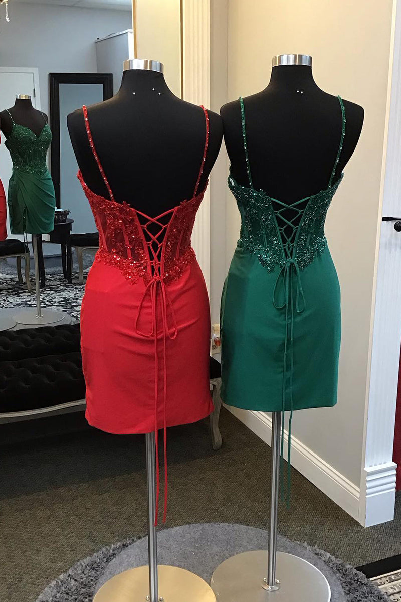 Load image into Gallery viewer, Sparkly Red Spaghetti Straps Sequined Homecoming Dress with Lace