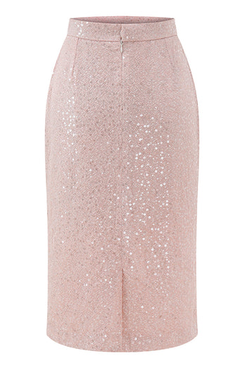 Sparkly Pink 2 Piece Sequin Pencil Midi Prom Suits with Sash