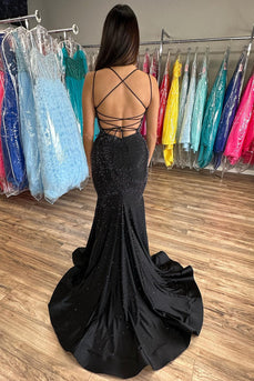 Glitter Black Mermaid Spaghetti Straps Sequined Long Prom Dress