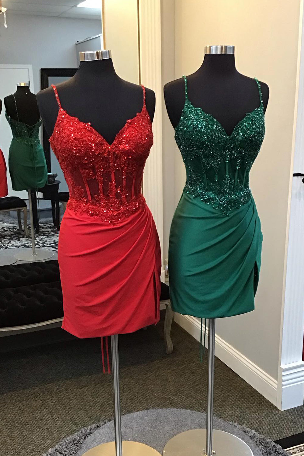 Sparkly Red Spaghetti Straps Sequined Homecoming Dress with Lace