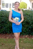 Load image into Gallery viewer, Sparkly Black One Shoulder Cut Out Homecoming Dress with Beading