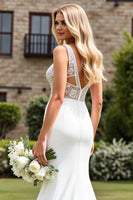 Load image into Gallery viewer, Ivory Satin V Neck Sweep Train Mermaid Wedding Dress with Lace