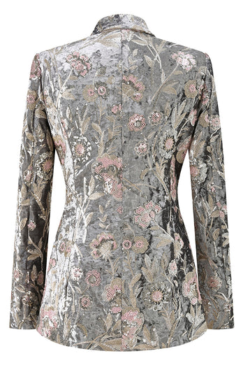 Sparkly Floral Grey Peak Lapel 2 Piece Women Prom Suits with Sequins