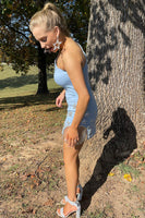 Load image into Gallery viewer, Sparkly Light Blue One Shoulder Bodycon Homecoming Dress with Fringes