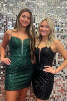 Load image into Gallery viewer, Sparkly Dark Green Spaghetti Straps Corset Homecoming Dress with Sequins