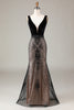 Load image into Gallery viewer, Queendancer Women Sparkly Black Long Prom Dress Beaded V-Neck Backless Mermaid Formal Dress With Appliques